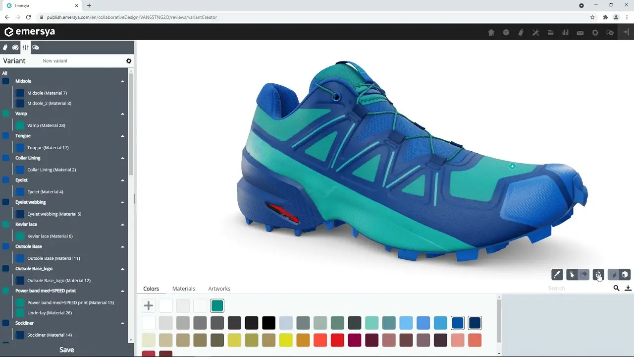 Software interface displaying a customizable 3D model of a blue and teal trail shoe.