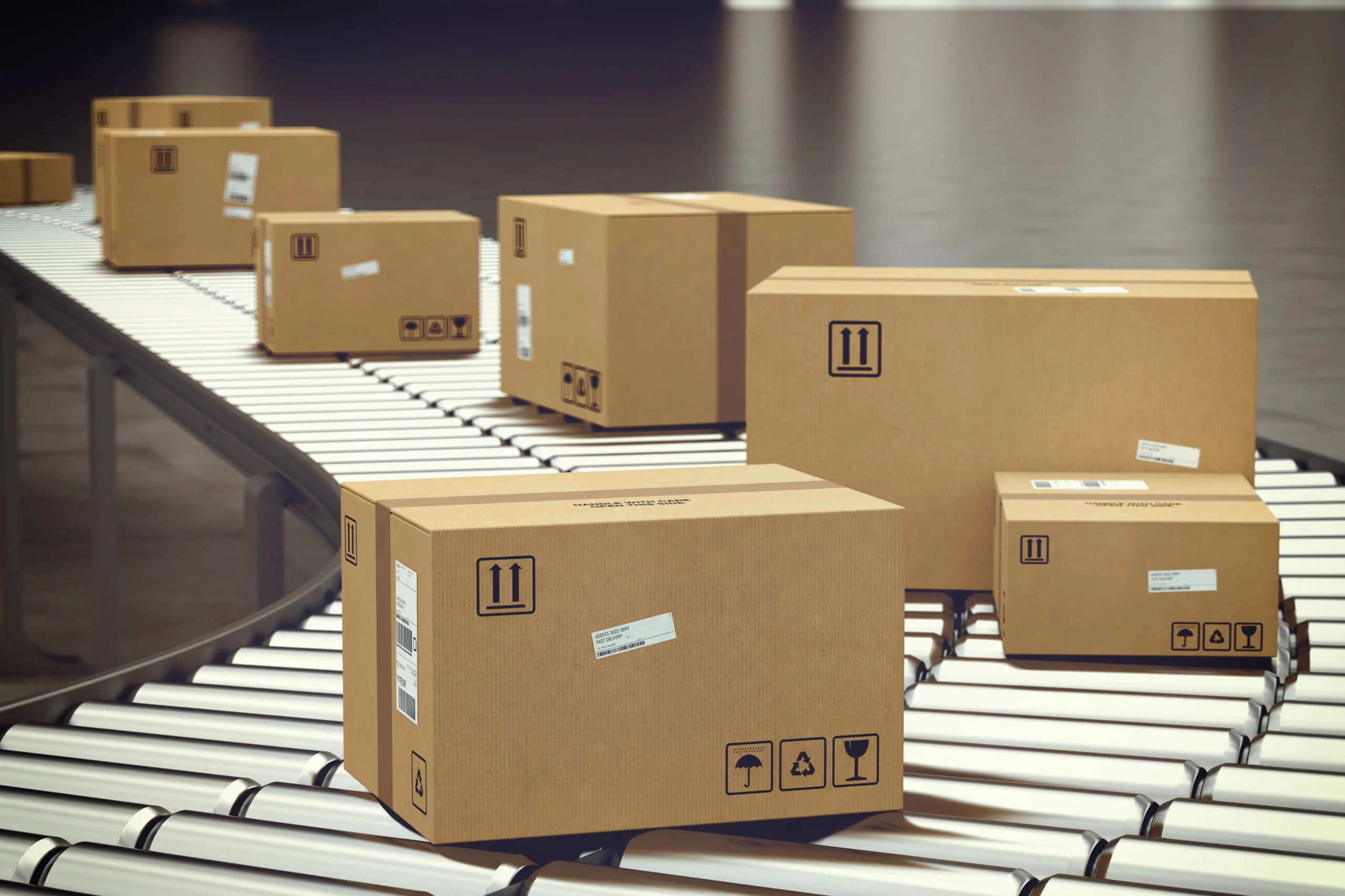 Cardboard shipping boxes of various sizes moving along a roller conveyor belt in a warehouse.