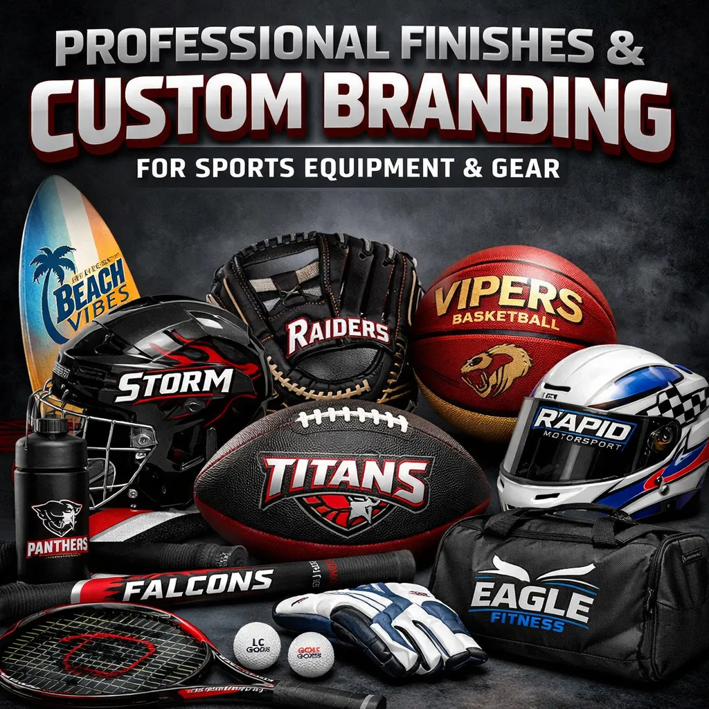 Custom branded sports gear like helmets and a basketball, highlighting professional equipment finishes.
