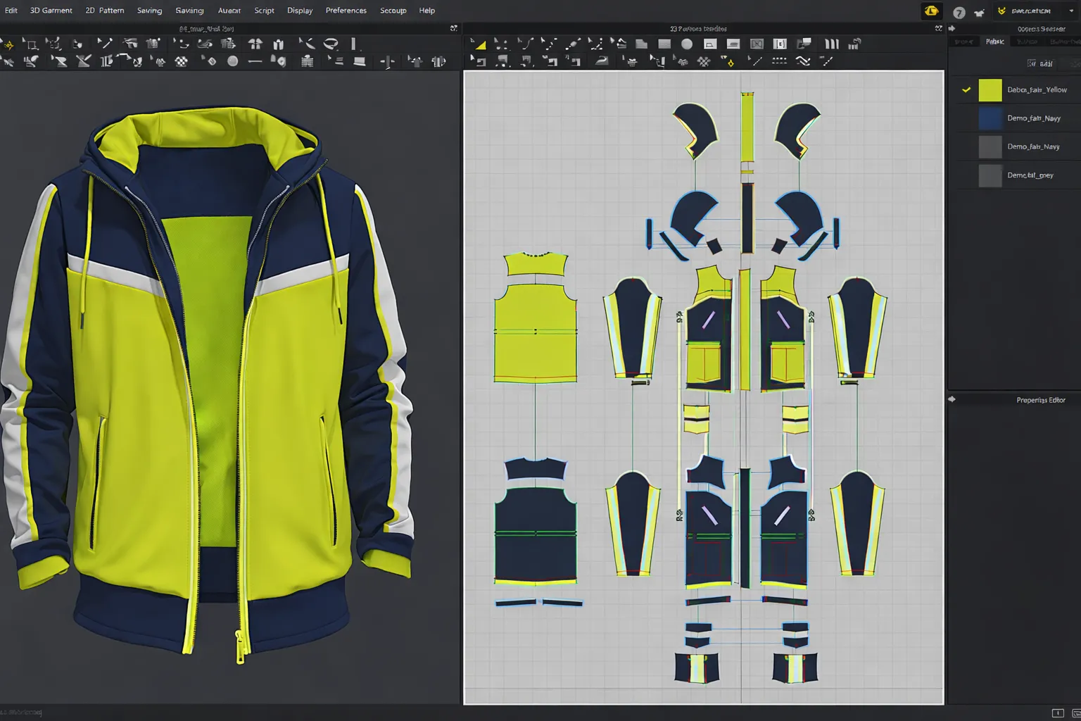 3D fashion software showing a rendered neon yellow and navy hoodie alongside its 2D flat pattern pieces.