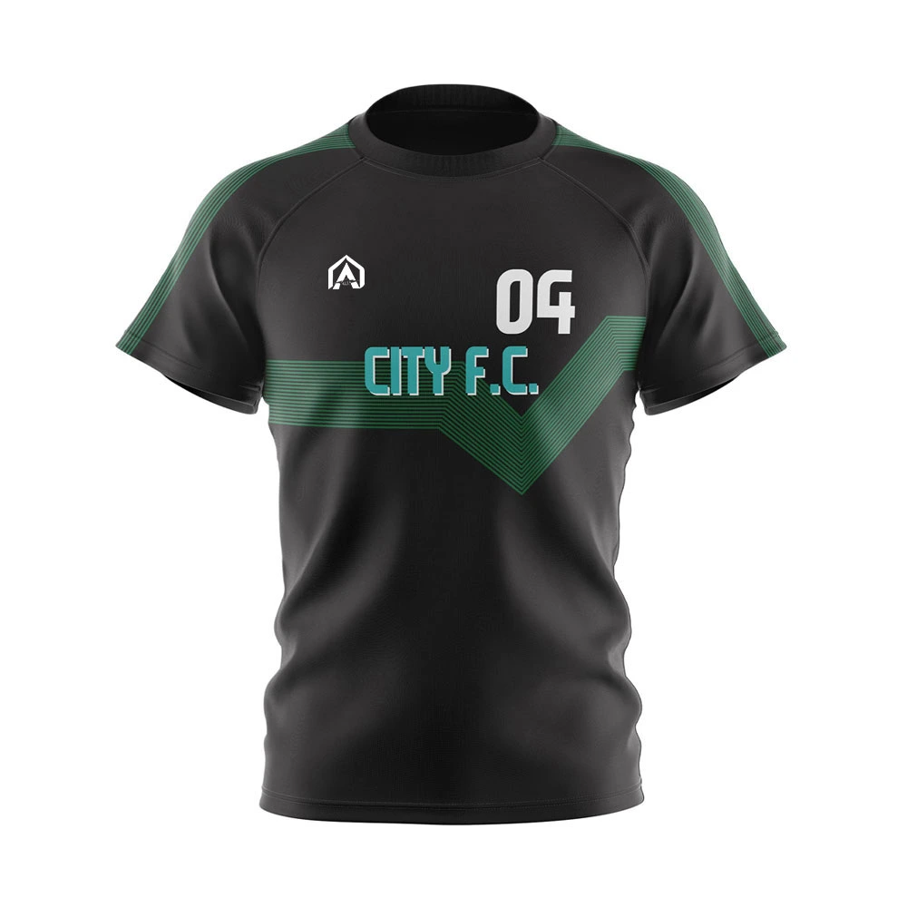 Black City F.C. soccer jersey with green chevron lines and the number 04 on the chest.