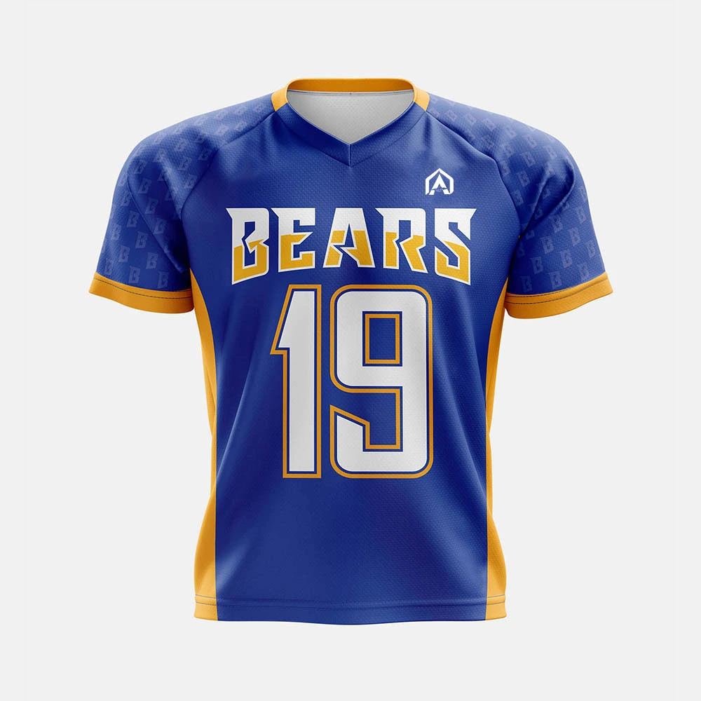 Blue and gold Bears football jersey with number 19, custom team sports apparel front view.