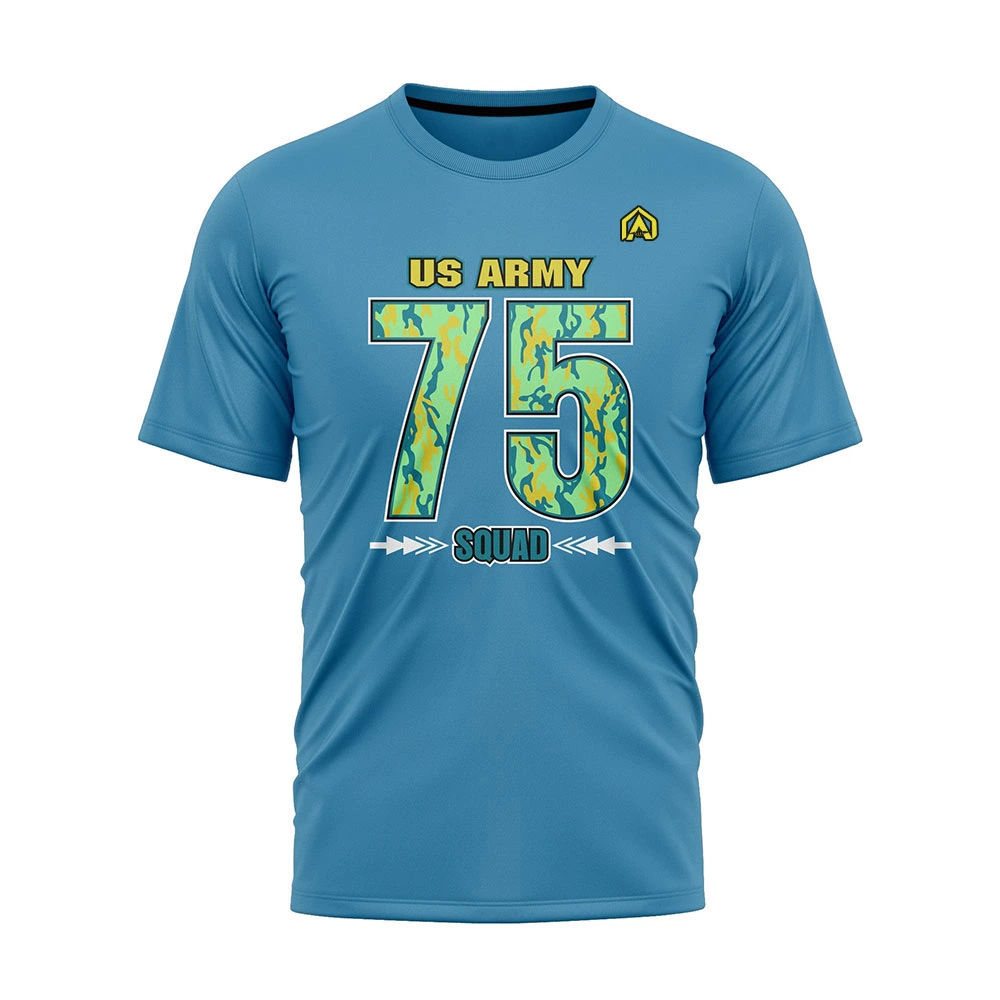 Blue athletic t-shirt with US ARMY 75 SQUAD graphic. The 75 features a green camo pattern.