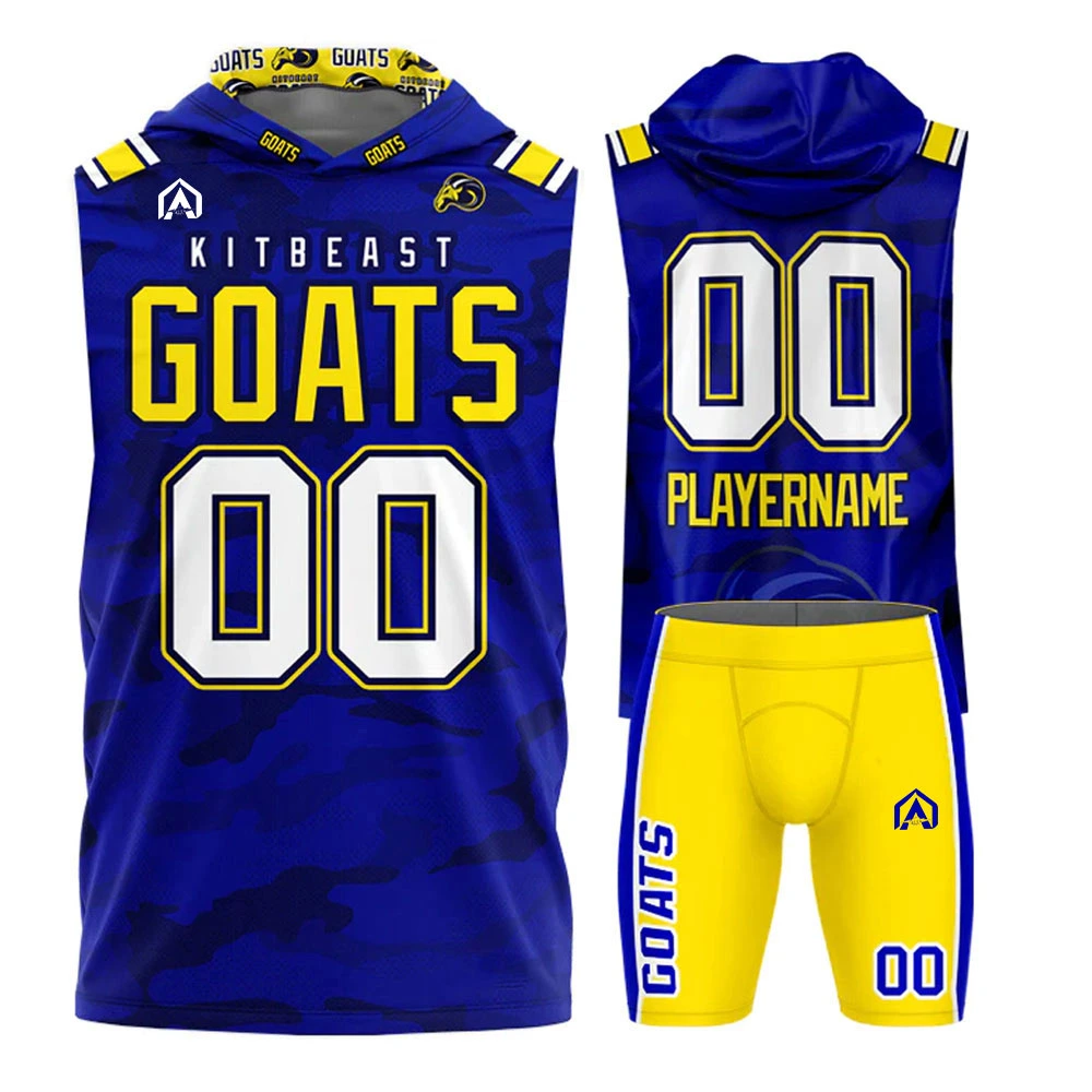Blue and yellow GOATS custom hoodie and shorts set with number 00, front and back view sports uniform design.