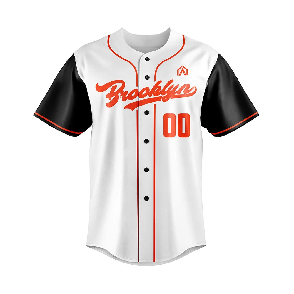 Custom white baseball jersey with black sleeves, red Brooklyn script text and number 00 on the front.