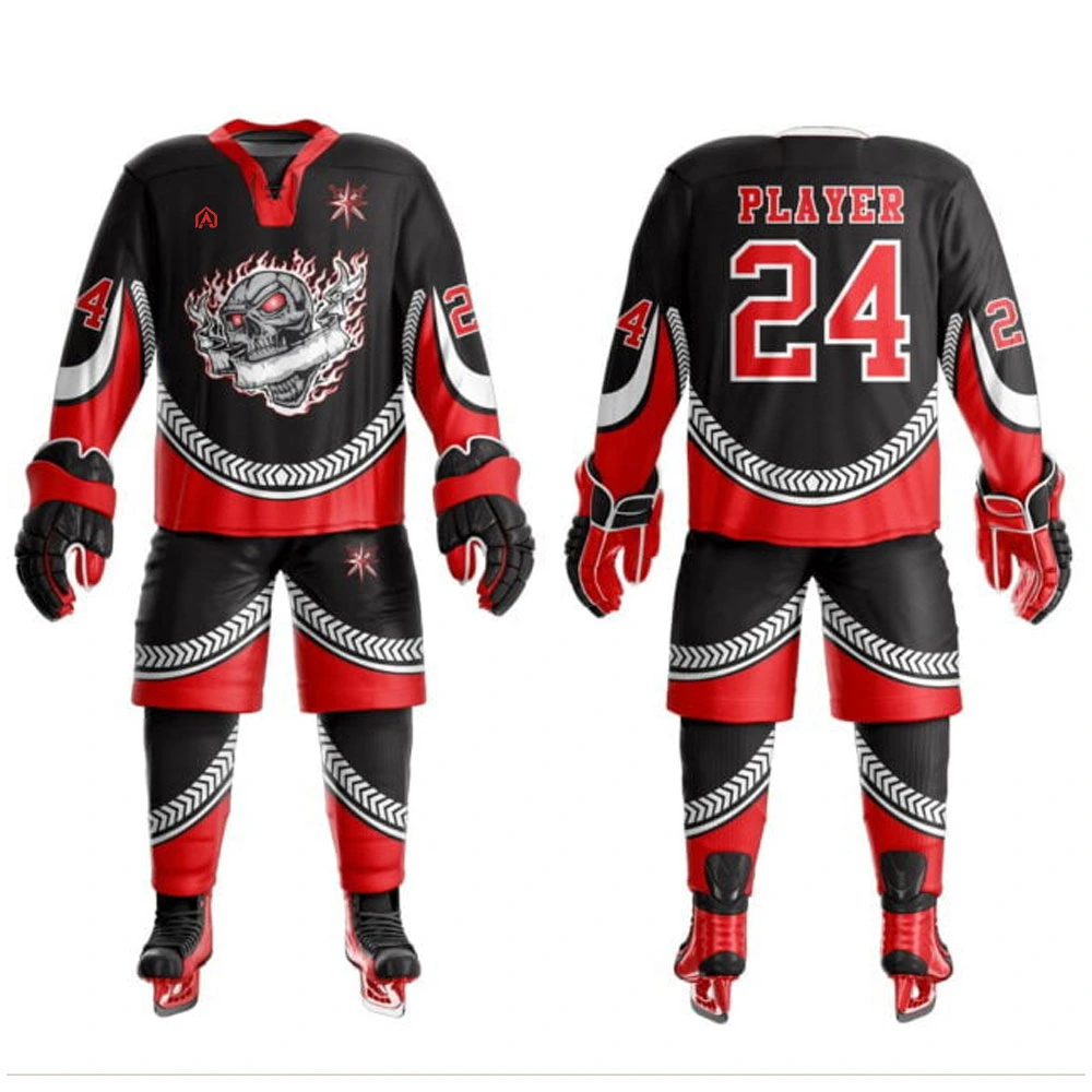 Custom black and red ice hockey uniform with skull graphic, player number, gloves, shorts and socks front and back view.