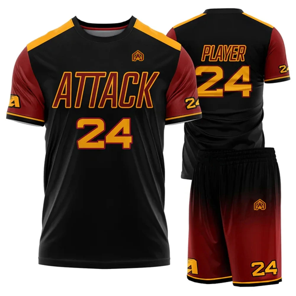 Custom black and red sports uniform set with jersey number 24 and matching shorts, front and back view.