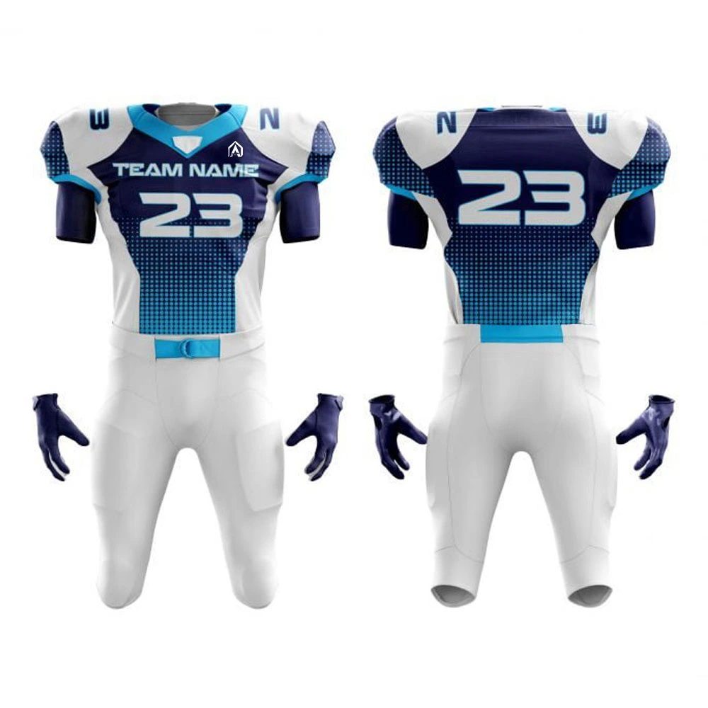 Front and back mockup of a custom white, navy and light blue American football uniform with jersey, pants and gloves.