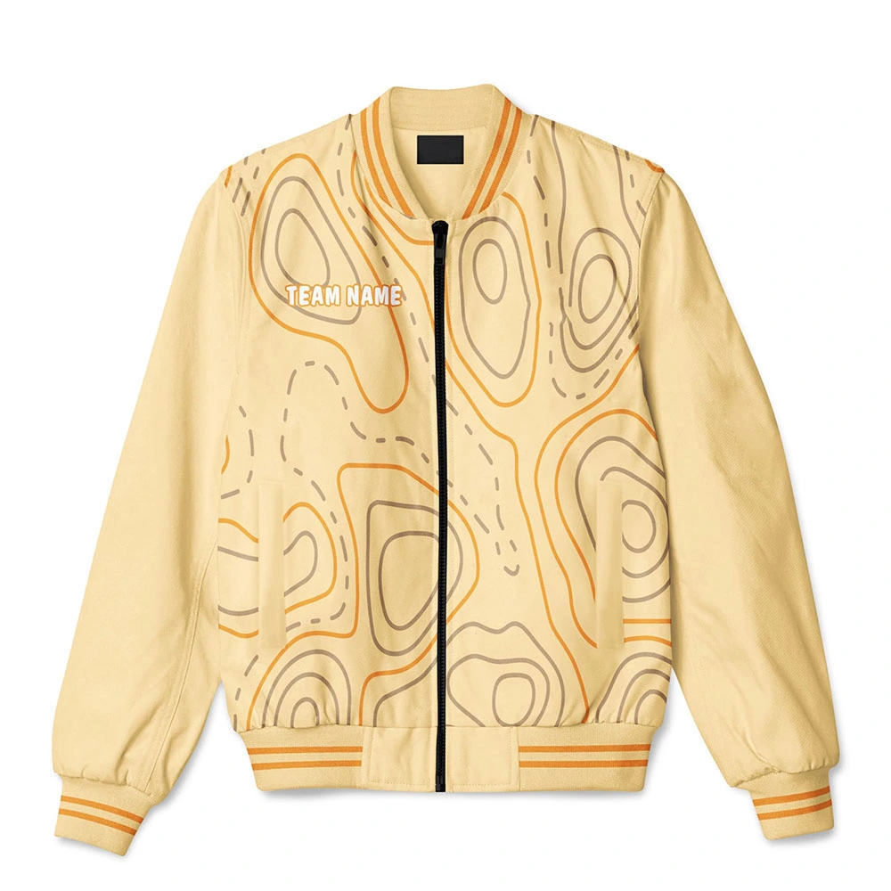 Cream custom bomber jacket with an orange topographic map pattern and striped ribbed cuffs.