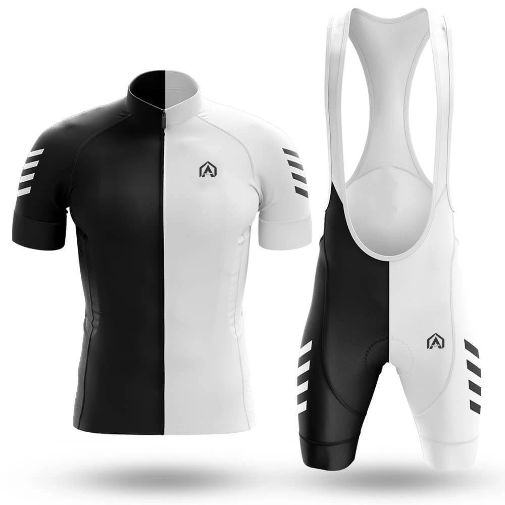 Black and white split-design cycling jersey and matching bib shorts from cycling.
