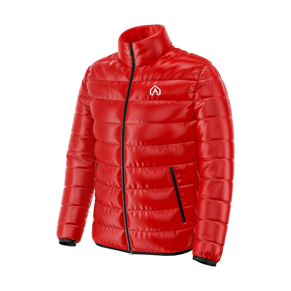 Shiny red quilted puffer jacket with a high collar, black front zipper, zippered pockets and white chest logo.