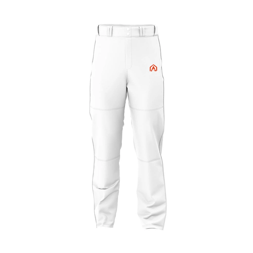 Front view of custom premium white men's baseball pants with a small orange logo on the thigh.