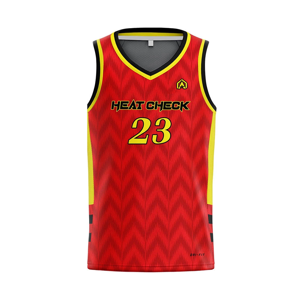 Red and yellow Heat Check basketball jersey with number 23, sleeveless custom sports apparel front view.