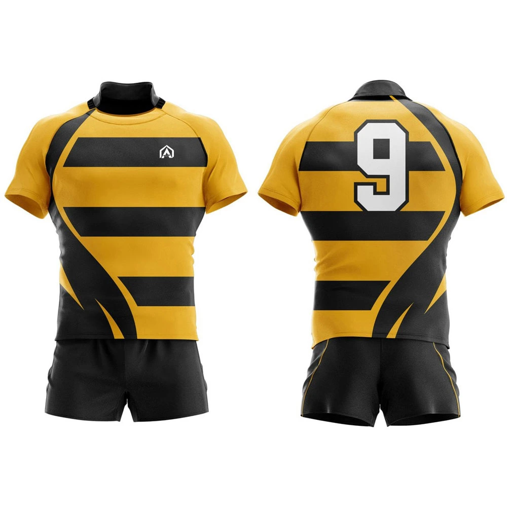 Front and back view of yellow and black rugby jersey uniform set with number 9 and matching shorts.