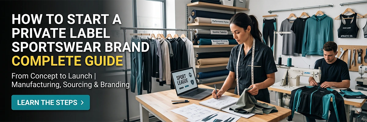Professional banner of a designer sketching sportswear in a studio with fabrics and sewing machines, perfect for a brand startup guide.