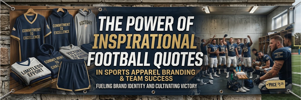 Inspirational football quotes banner: custom sports apparel branding & team success featuring celebrating players in a locker room.