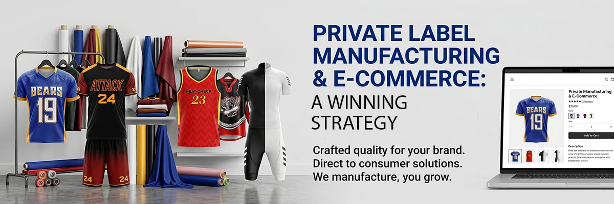Custom sports apparel private label manufacturing and e-commerce strategy banner with jerseys and online store mockup.