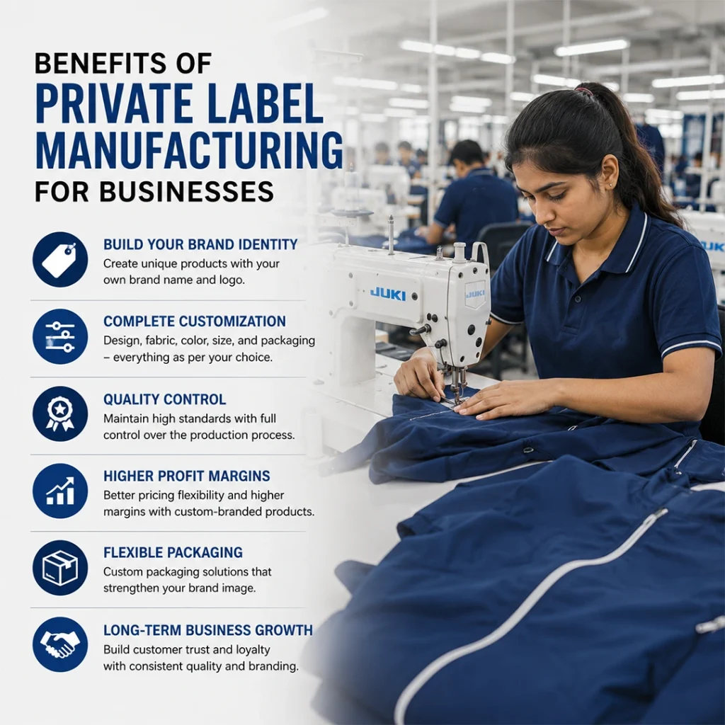 Infographic: Woman sewing apparel, listing the benefits of private label manufacturing for businesses.