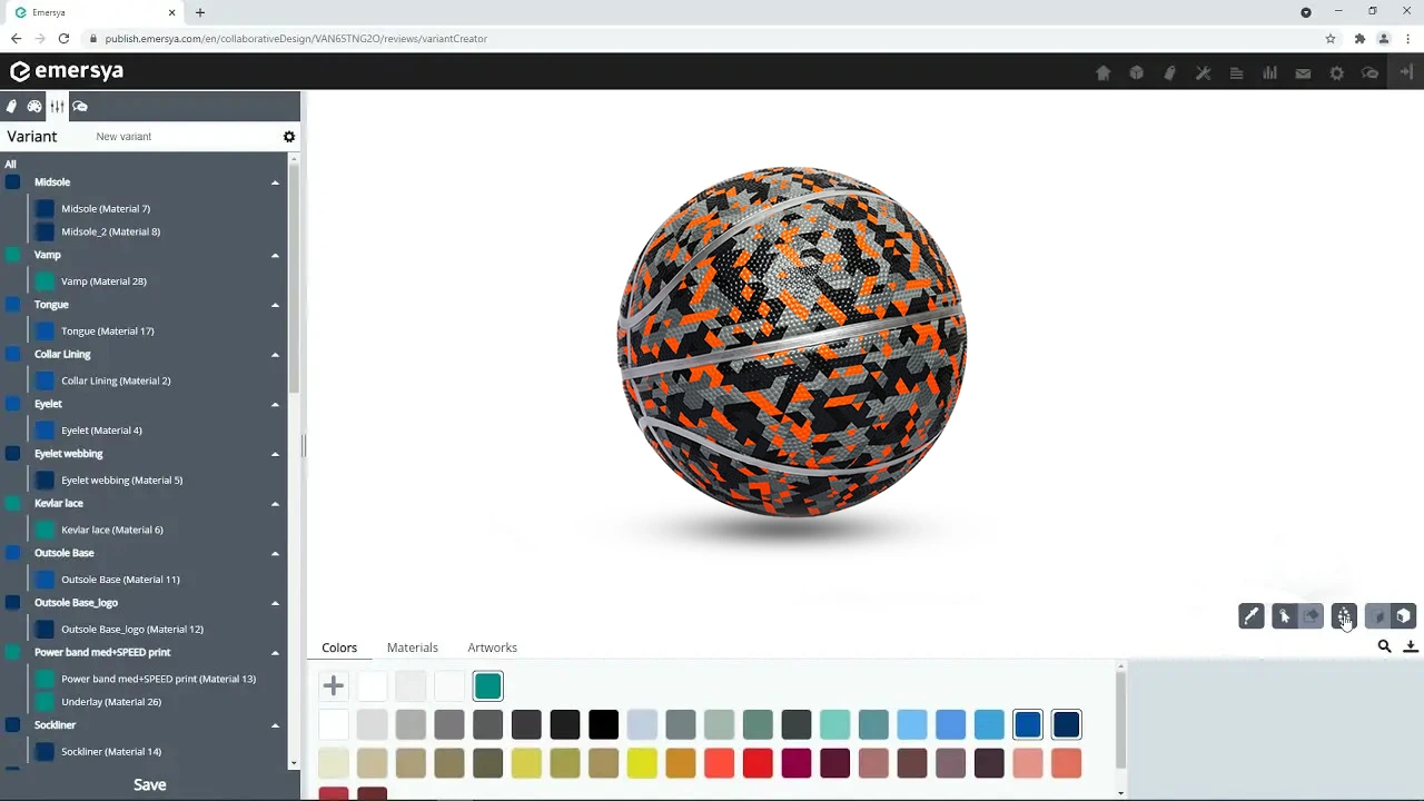 Custom black and orange camouflage basketball design shown in 3D sports product configurator.