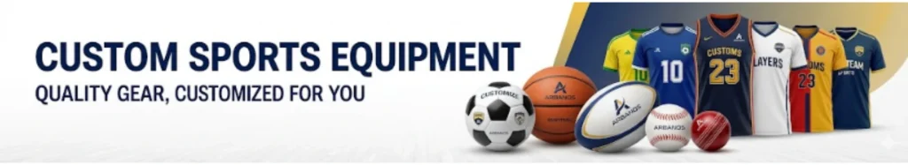 Custom sports equipment banner with footballs, jerseys, and team sports gear for brands and clubs