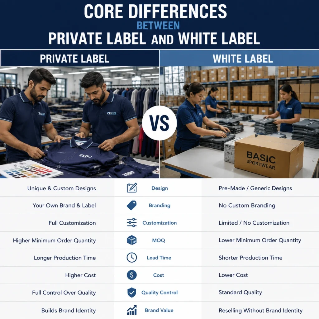 Comparison of private label vs white label apparel manufacturing, detailing design, customization, MOQ, and costs.