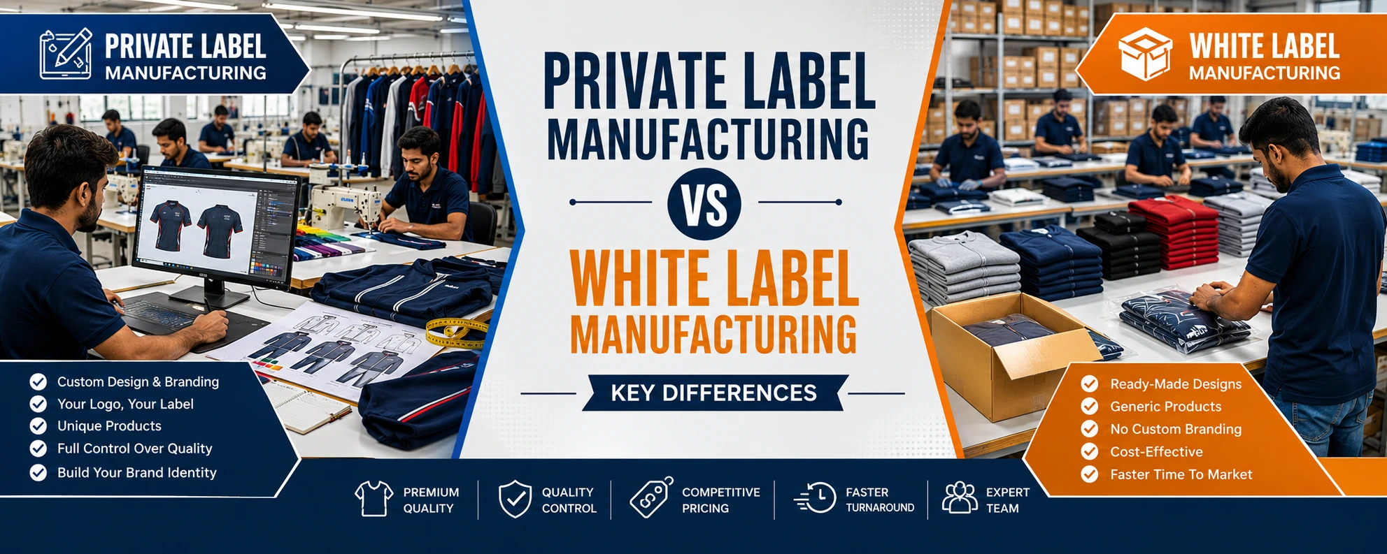 Comparison of private vs white label apparel manufacturing, highlighting custom branding vs ready-made products