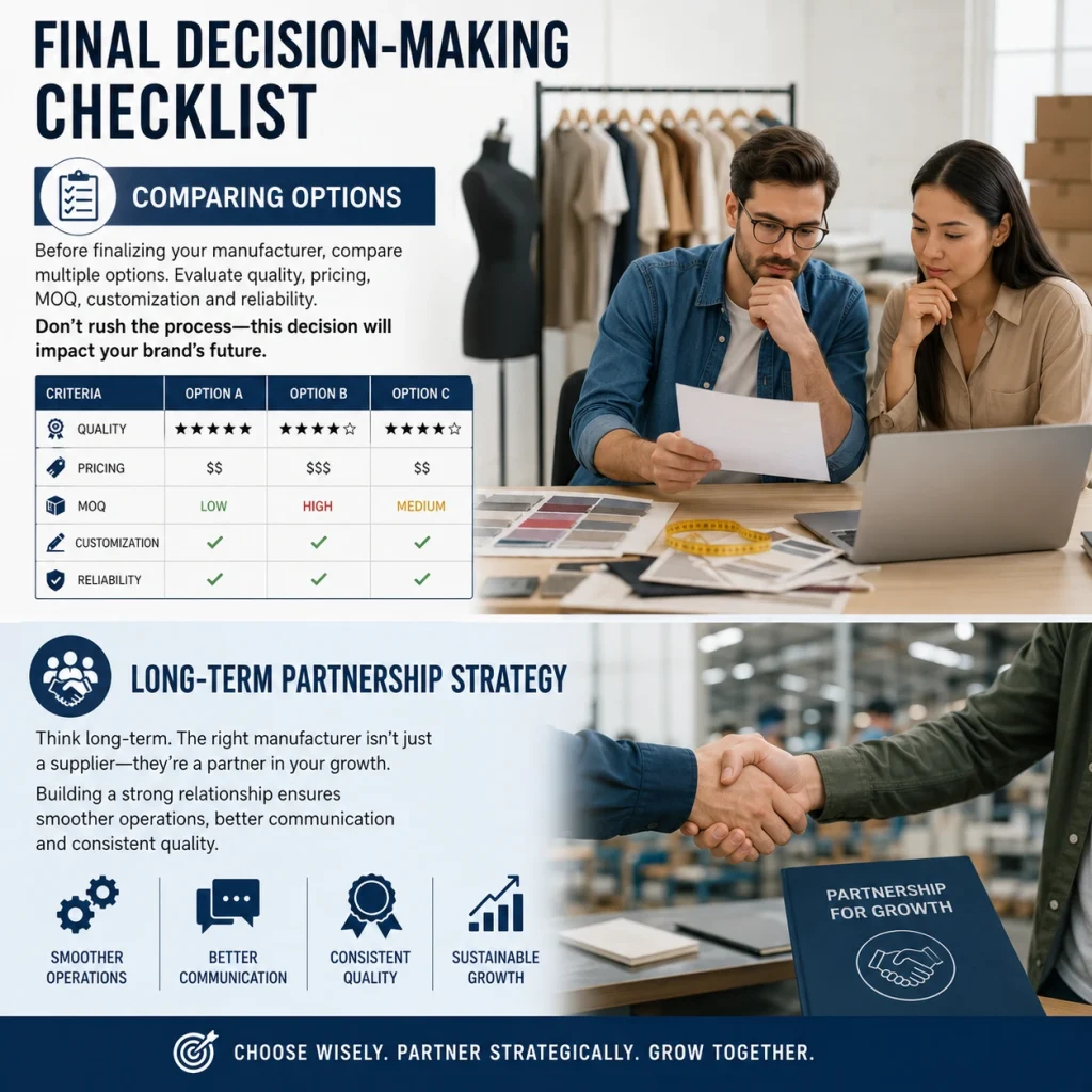Manufacturer decision checklist with a comparison table, business partners reviewing data and a partnership handshake.