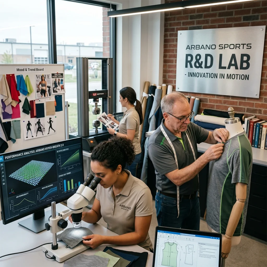 Arbano Sports team testing performance fabrics and analyzing garment construction in their research and development lab.