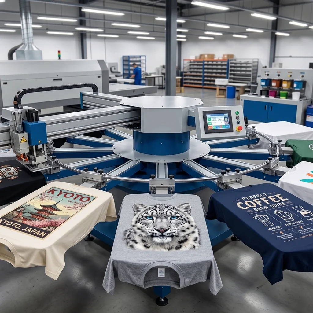 Industrial automatic screen printing machine processing custom designs on various colored t-shirts in a factory.