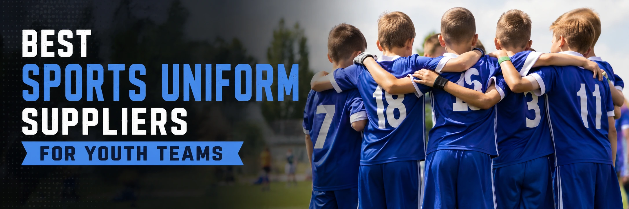Youth soccer team wearing blue custom sports uniforms before a match, representing quality team uniform suppliers.