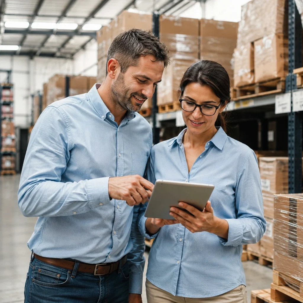 Warehouse staff reviewing bulk sportswear orders and inventory using a tablet before shipment.