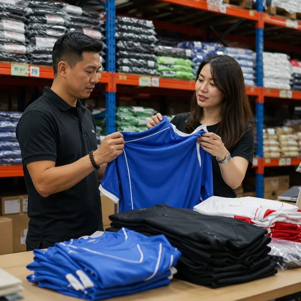 Staff inspecting custom sportswear uniforms in a warehouse before bulk order packaging and shipment.