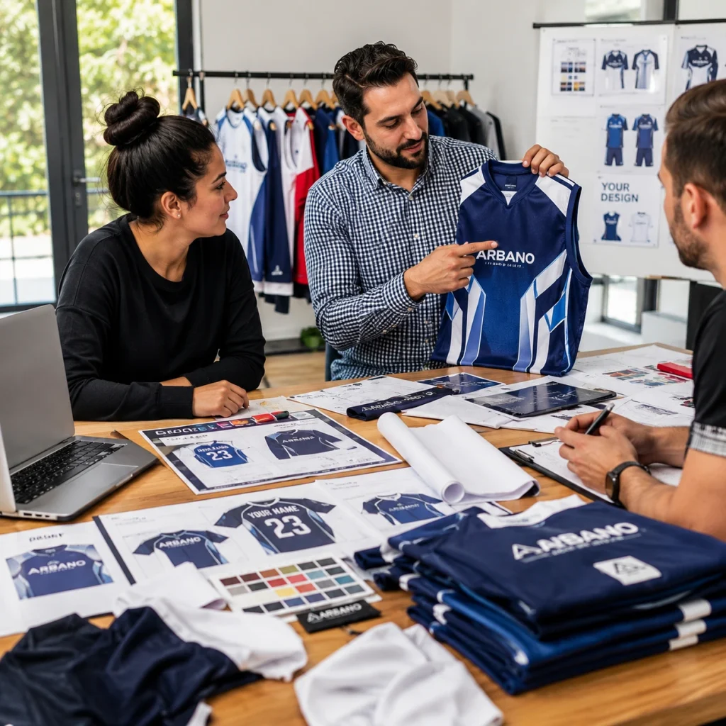 Design team reviewing custom sports uniform samples and artwork with a client before production.