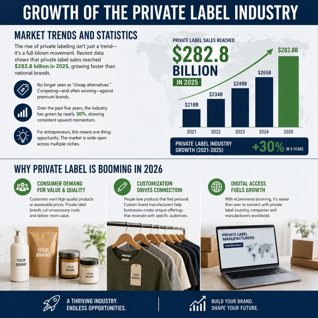 Chart showing private label industry growth, market trends and the benefits of custom brand manufacturing.