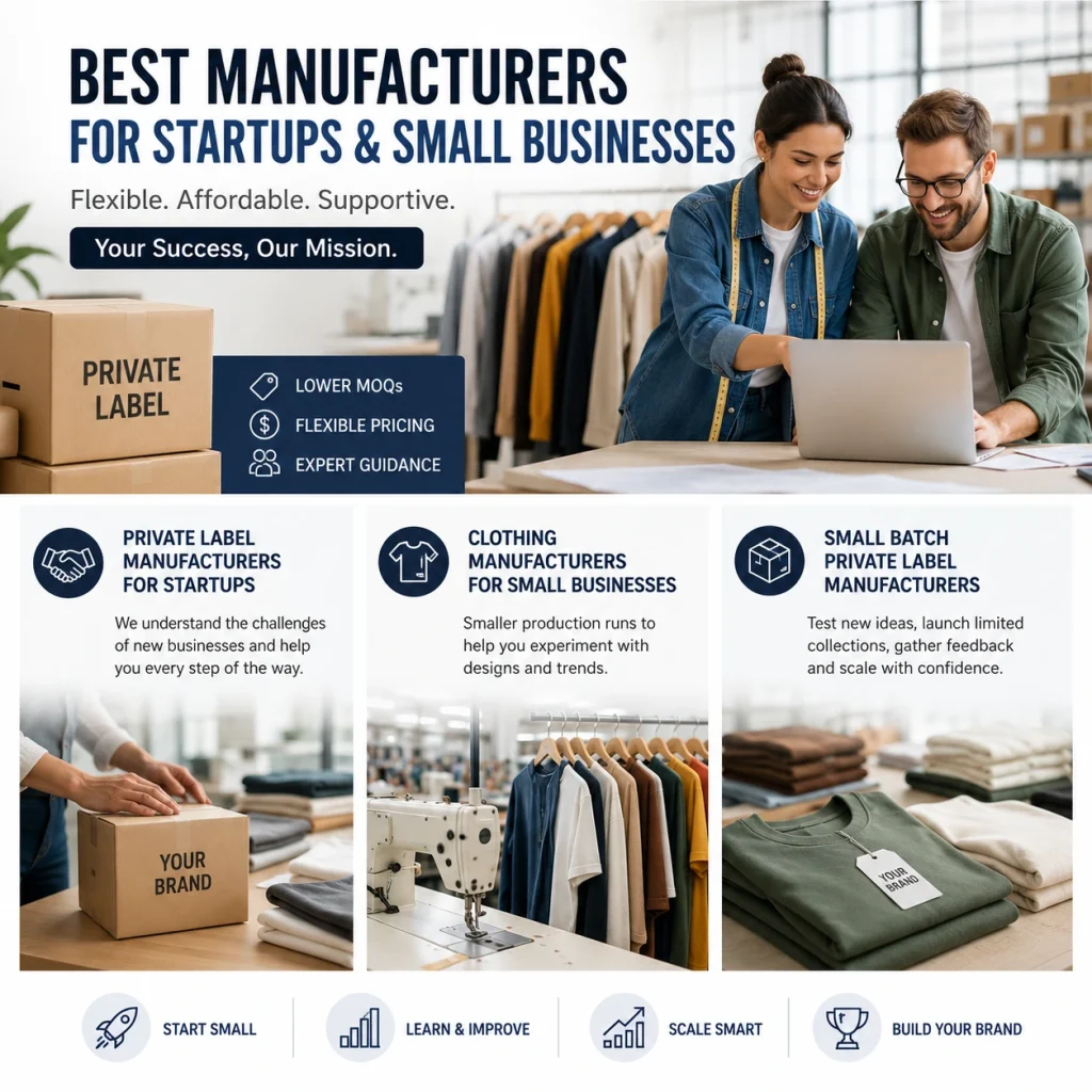 Private label clothing manufacturers for startups and small businesses offering low MOQs.