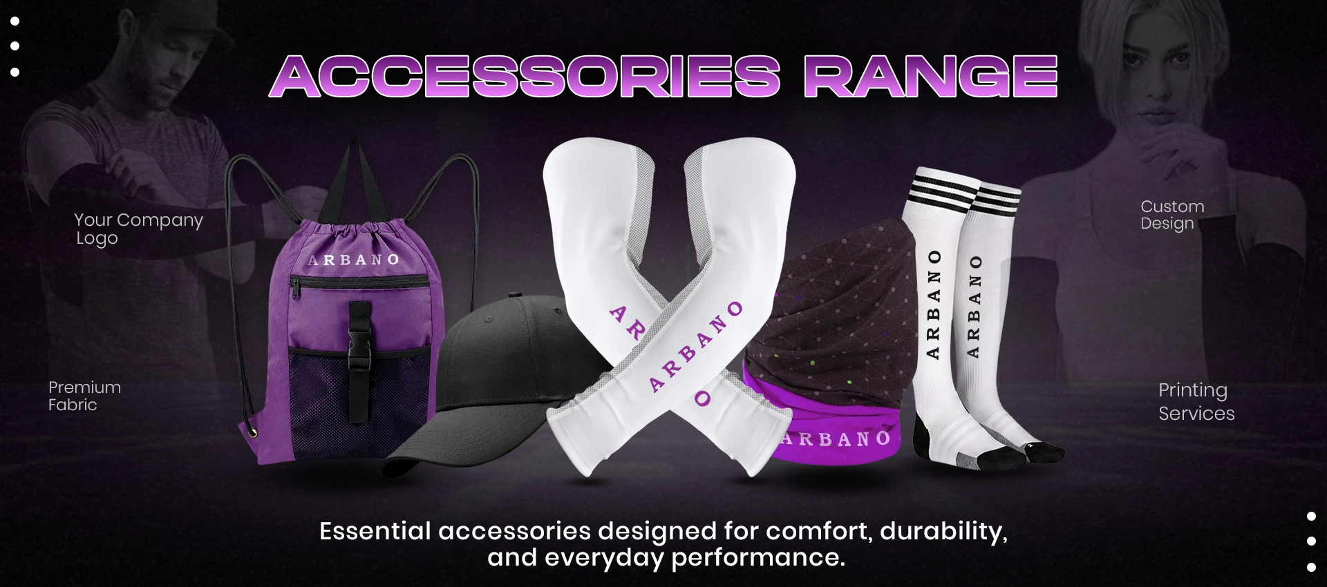 Arbano premium custom sports accessories bundle: branded bag, cap, arm sleeves, gaiter and socks.