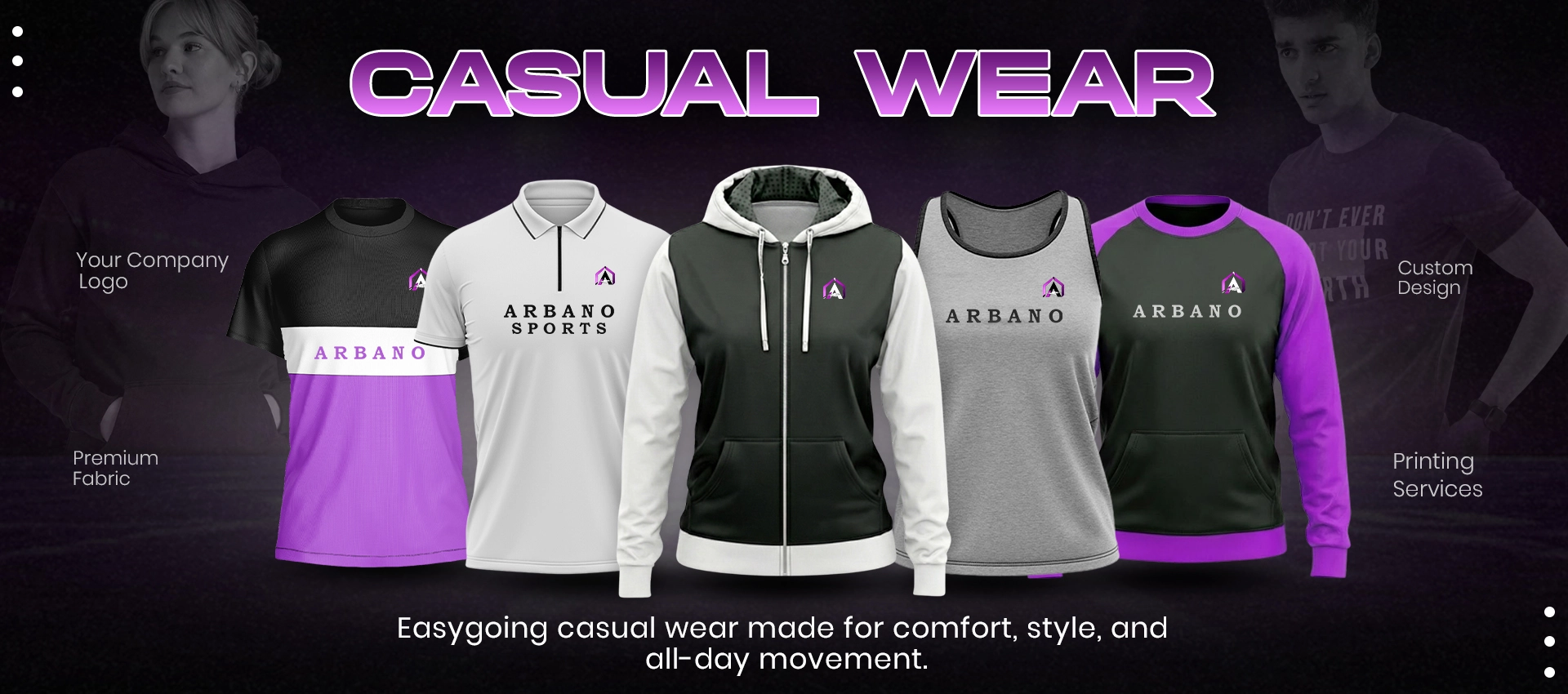 Arbano Sports custom casual wear lineup featuring premium hoodies, polo shirts, t-shirt and tank tops.
