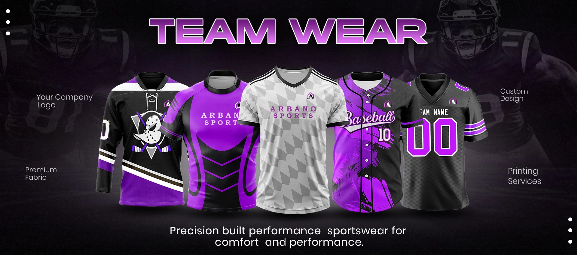 Arbano Sports custom teamwear collection featuring purple and black performance sportswear jerseys.