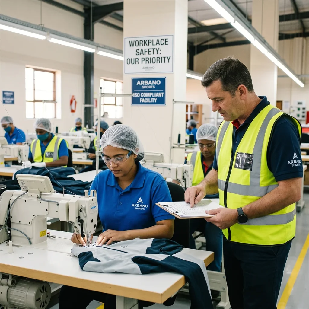 A supervisor reviewing production quality with a skilled worker at an ISO compliant Arbano Sports garment factory.