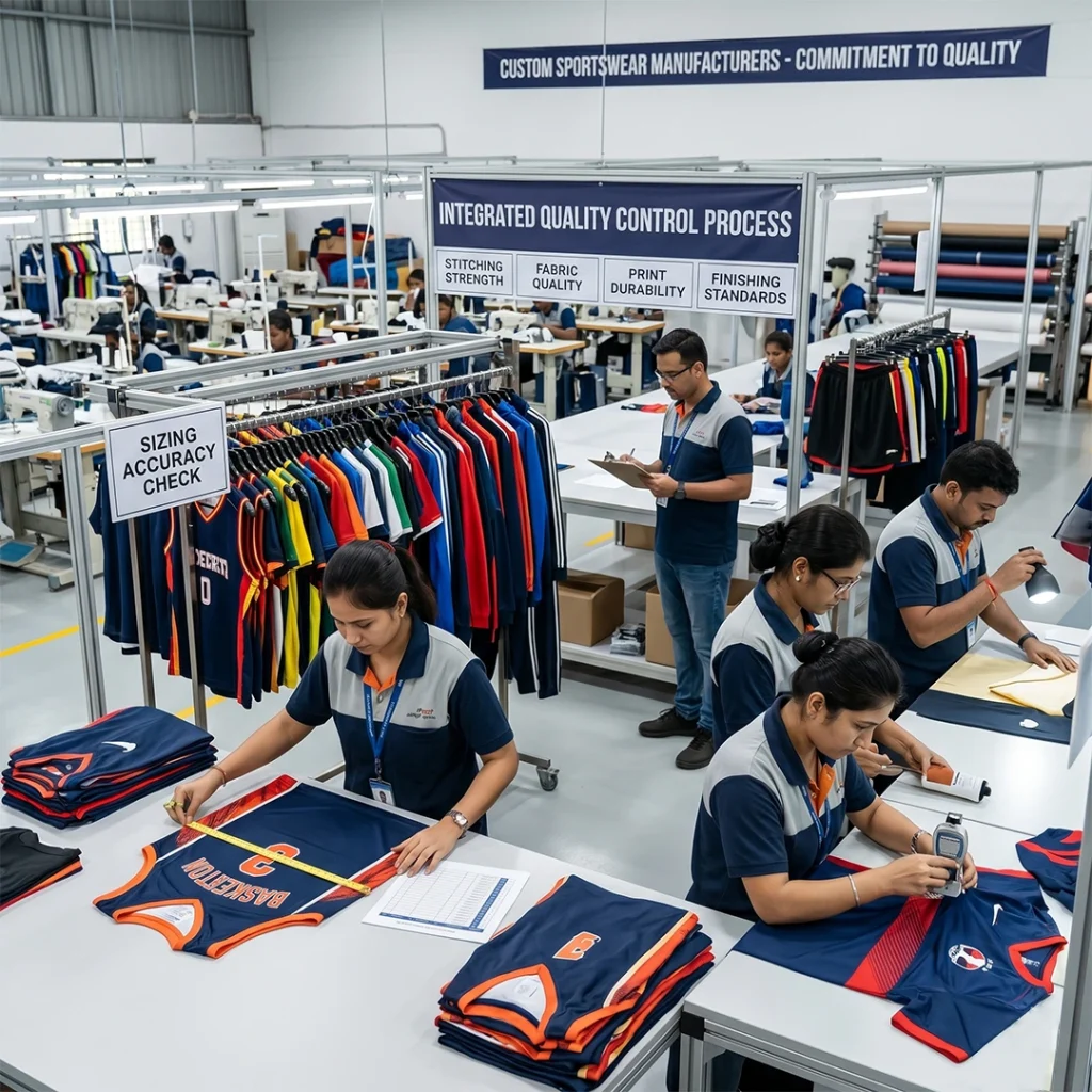 Professional team performing precise sizing and fabric quality checks on custom baseball jerseys in a manufacturing facility.