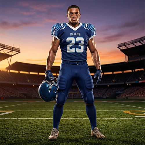 A player wearing a blue custom American football uniform standing on a stadium field while holding a helmet.