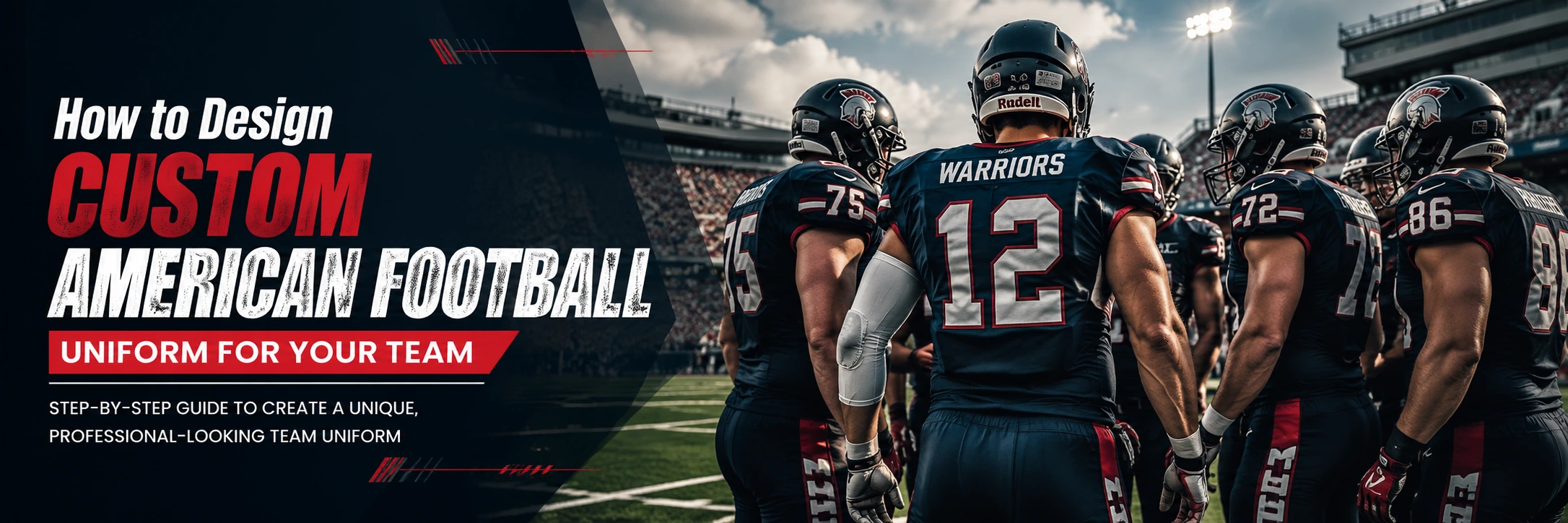 American football players wearing custom team uniforms in a stadium for a professional uniform design guide.