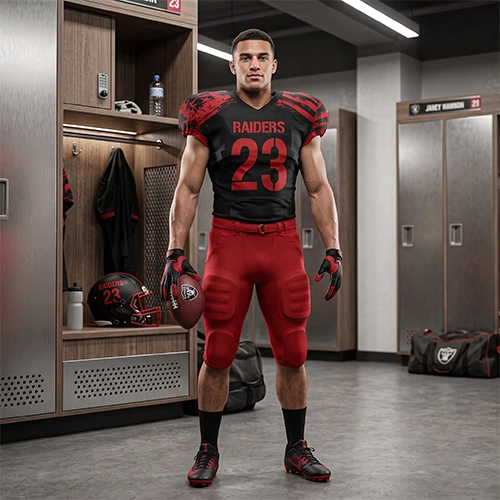 Player wearing a custom American football uniform in a locker room with black and red team colors.
