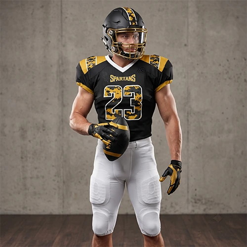 A player wearing a custom black and gold American football uniform with white pants and helmet holding a football.