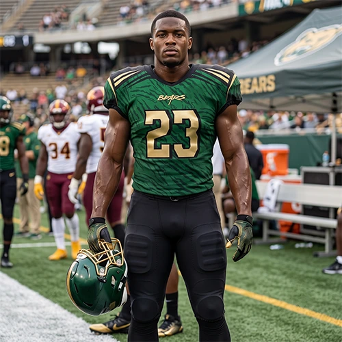 Player wearing a green custom American football uniform holding a helmet on the sideline before a game.