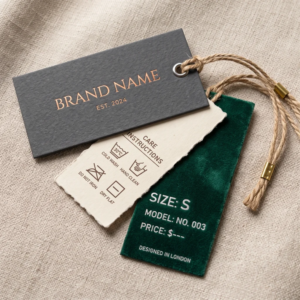 Custom private label clothing hang tags and care labels for branded apparel and garment packaging.