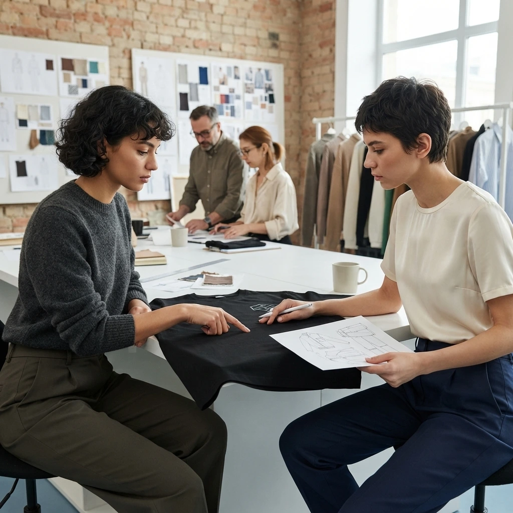 Fashion designers reviewing fabric samples and garment sketches for private label clothing development.