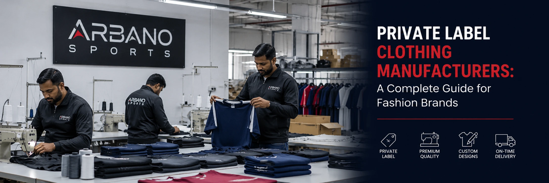 Workers inspecting custom apparel in a private label clothing manufacturing factory for fashion brands.