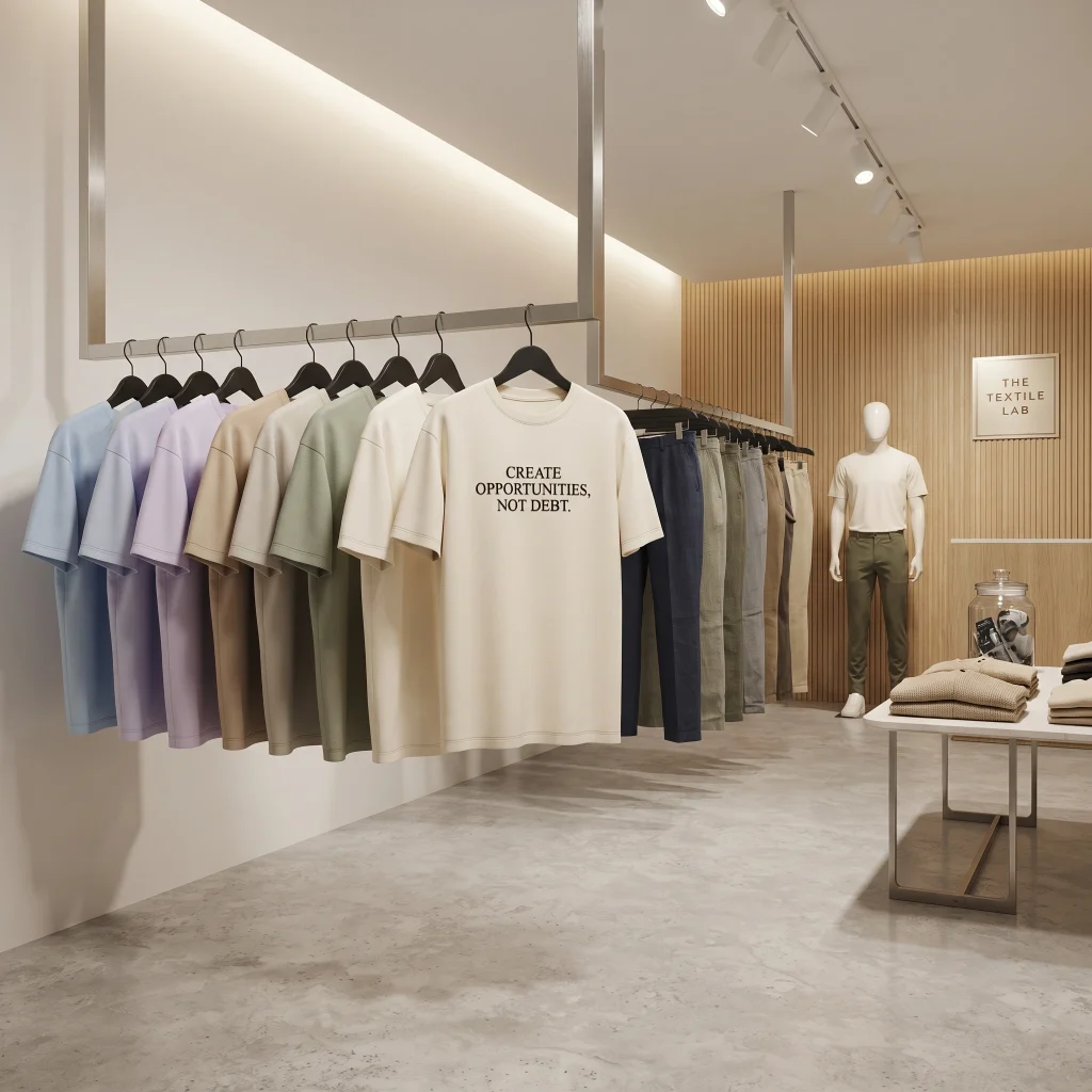 Modern private label clothing showroom displaying custom t-shirts, pants and fashion apparel on racks.