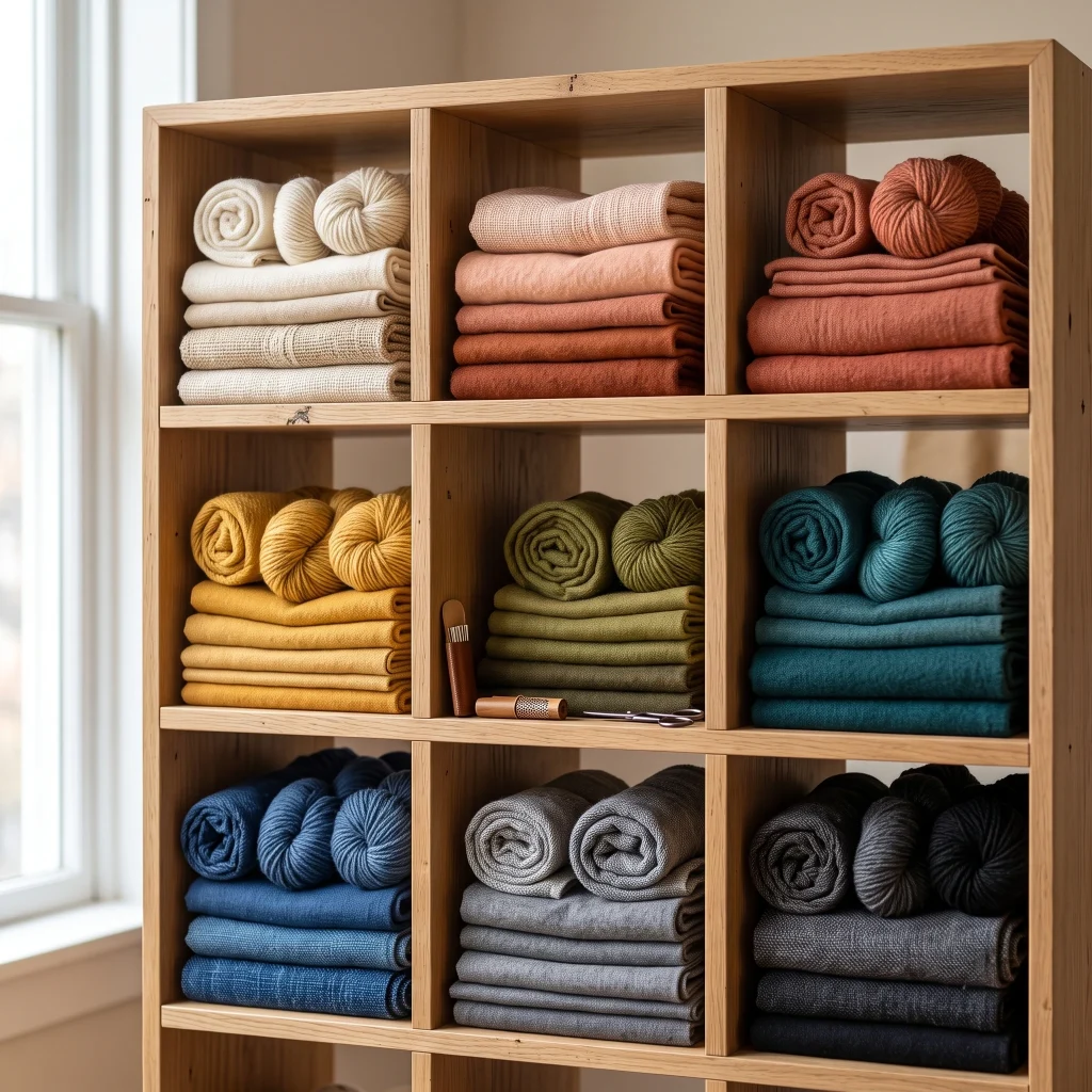 Neatly organized fabric rolls and textiles for private label clothing production and apparel manufacturing.